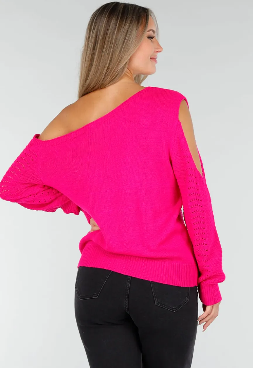 Fuchsia Gebreide Trui met Cut Out en Off Shoulder