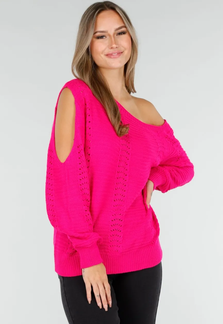 Fuchsia Gebreide Trui met Cut Out en Off Shoulder