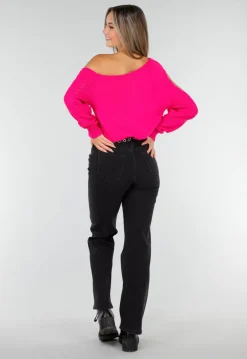 Fuchsia Gebreide Trui met Cut Out en Off Shoulder