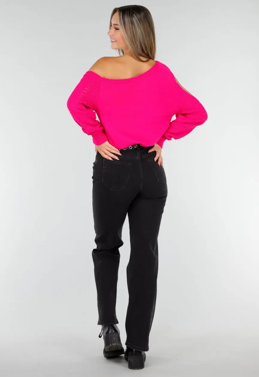 Fuchsia Gebreide Trui met Cut Out en Off Shoulder