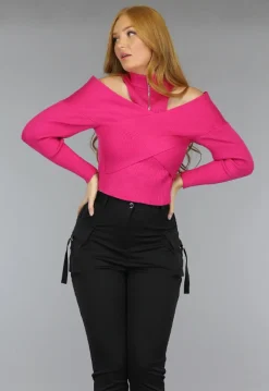 Fuchsia High Neck Top met Cut Outs en Overslag