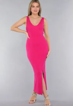 Fuchsia Jurk in Midi Model met Split en V Hals