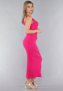 Fuchsia Jurk in Midi Model met Split en V Hals