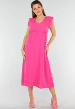 Fuchsia Linnenlook Midi Jurk met Ruches en V-Hals