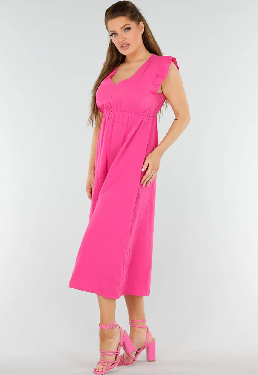 Fuchsia Linnenlook Midi Jurk met Ruches en V-Hals