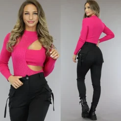 Fuchsia Longsleeve Bodysuit met Cutout en Patroon