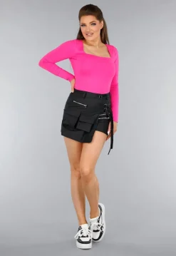 Fuchsia Longsleeve Stretch Shirt met Vierkante Hals