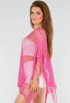 Fuchsia Netstof Cover-Up met Franjes en Open Ruitpatroon
