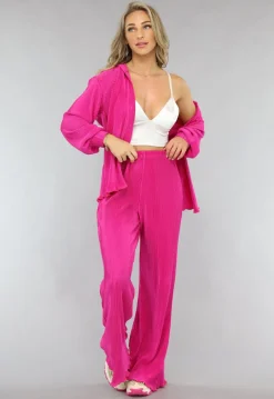 Fuchsia Plissé Blouse met Broek