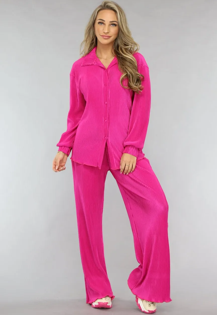 Fuchsia Plissé Blouse met Broek
