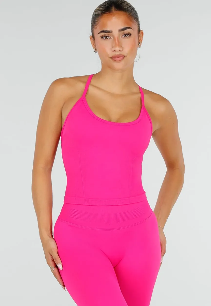 Fuchsia Sportset met Halter Top, Legging, Uitneembare Pads en Scrunchdetail