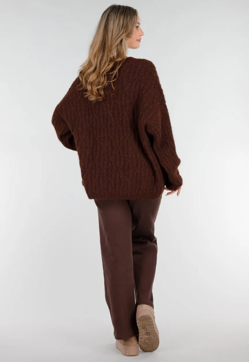 Gebreide Bruine Cardigan met Lurex en Goudkleurige Knopen