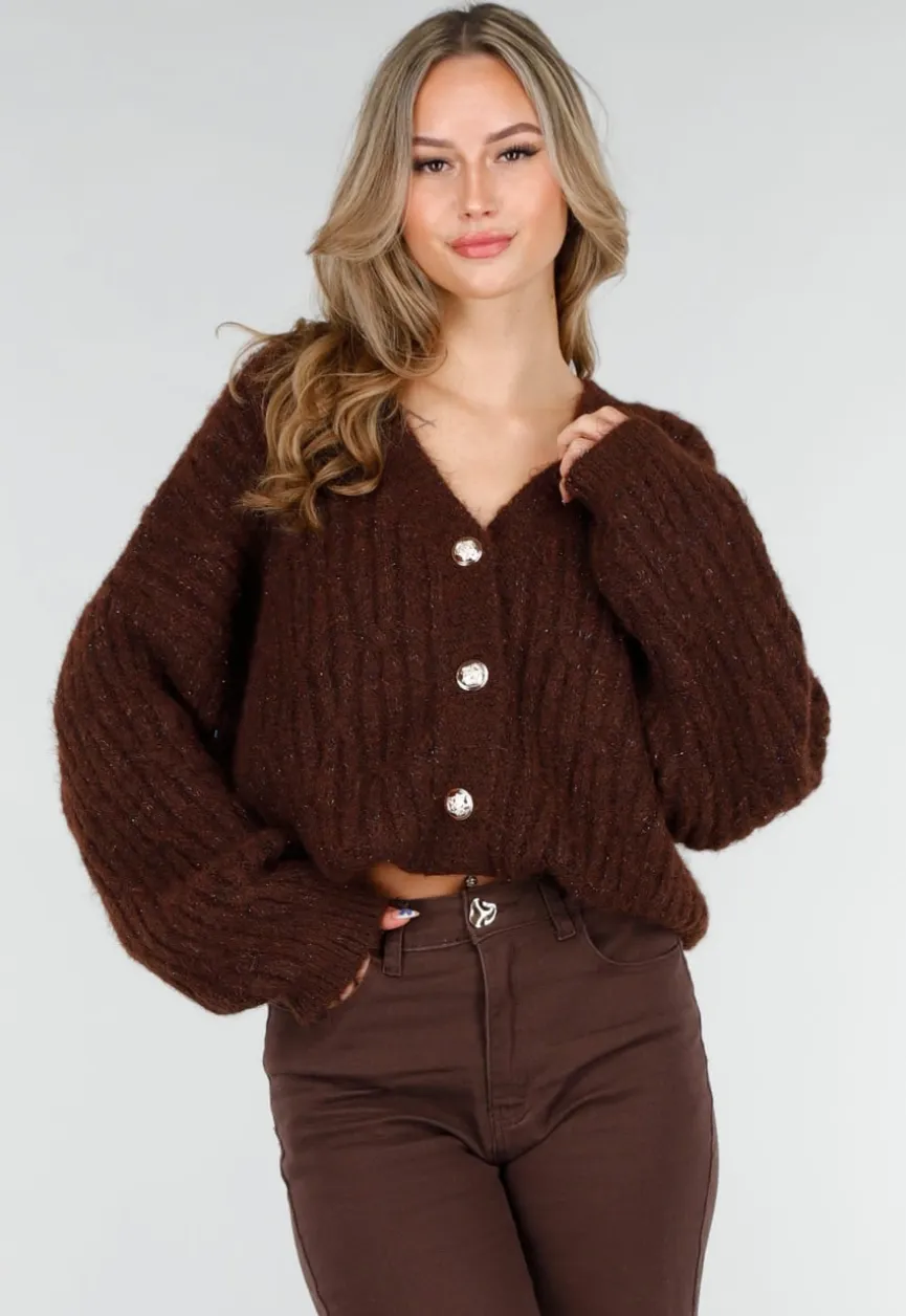 Gebreide Bruine Cardigan met Lurex en Goudkleurige Knopen