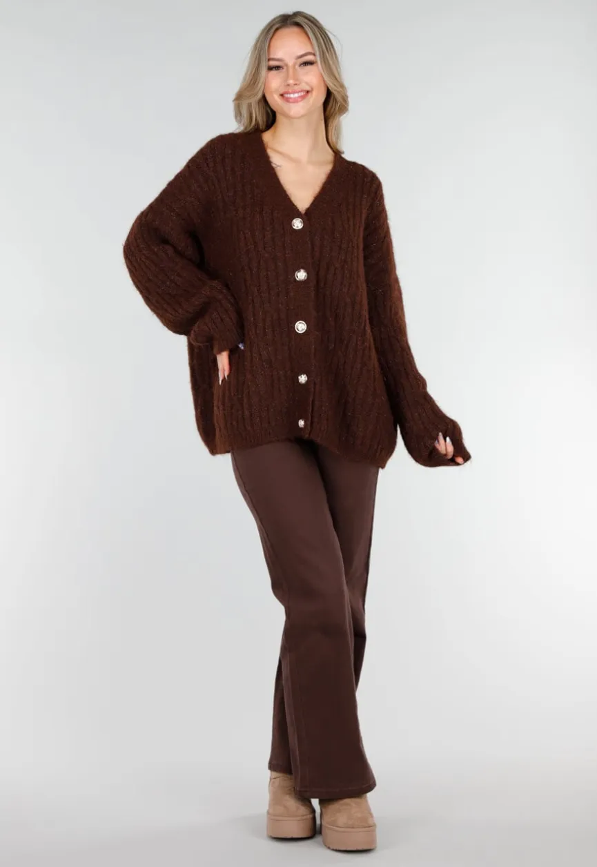 Gebreide Bruine Cardigan met Lurex en Goudkleurige Knopen