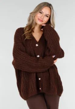 Gebreide Bruine Cardigan met Lurex en Goudkleurige Knopen