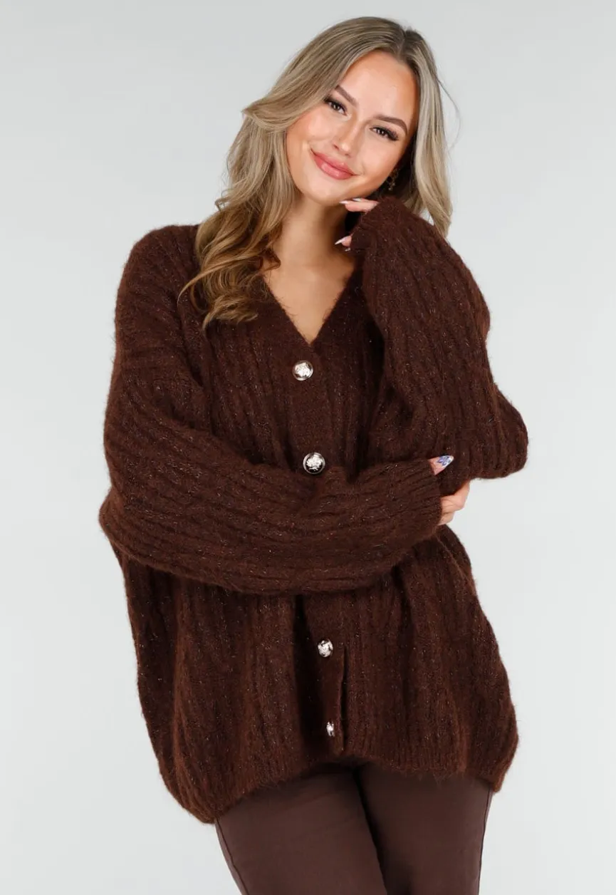 Gebreide Bruine Cardigan met Lurex en Goudkleurige Knopen