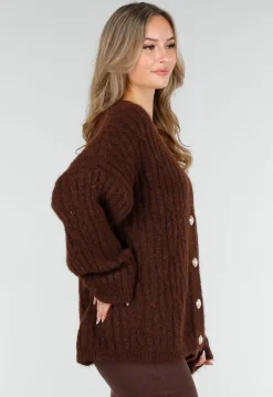 Gebreide Bruine Cardigan met Lurex en Goudkleurige Knopen