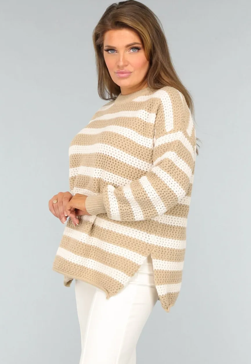Gebreide Camel Trui met Witte Strepen