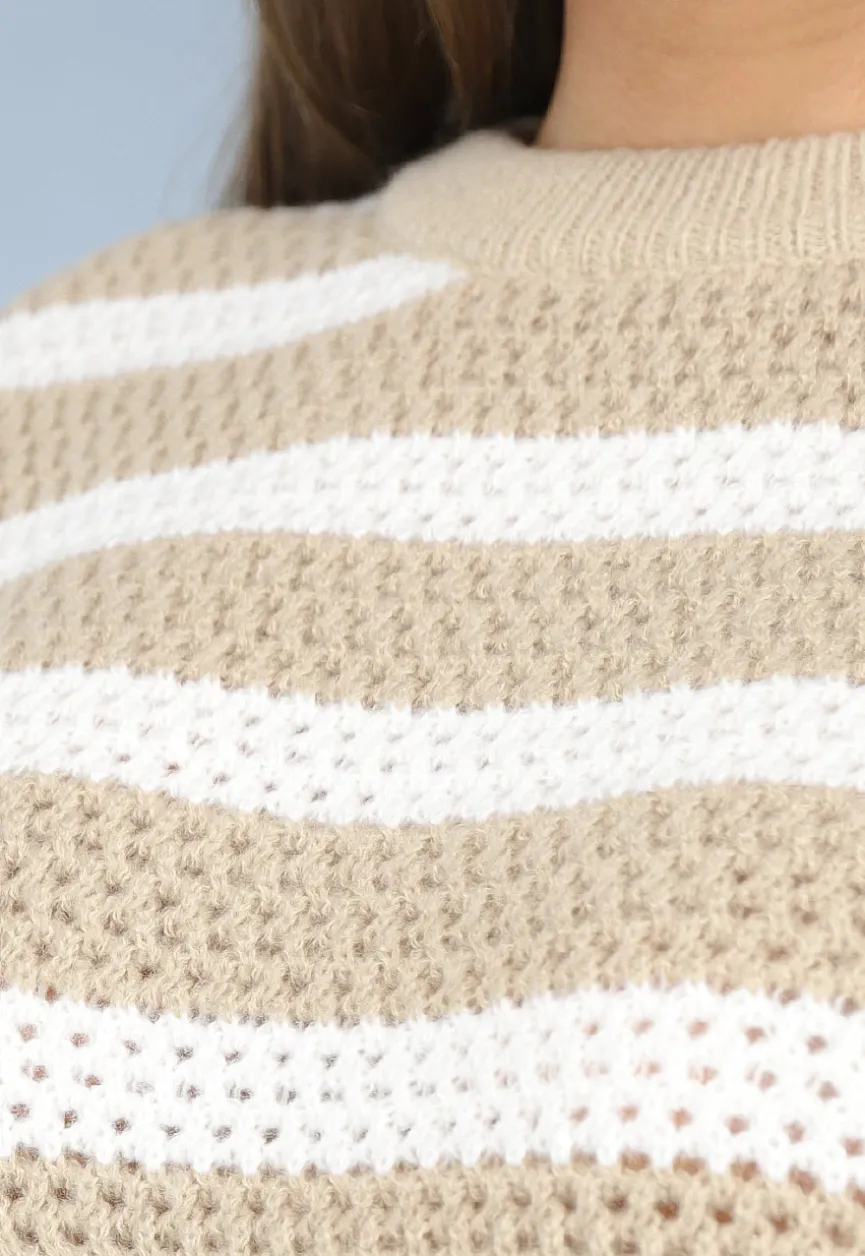 Gebreide Camel Trui met Witte Strepen