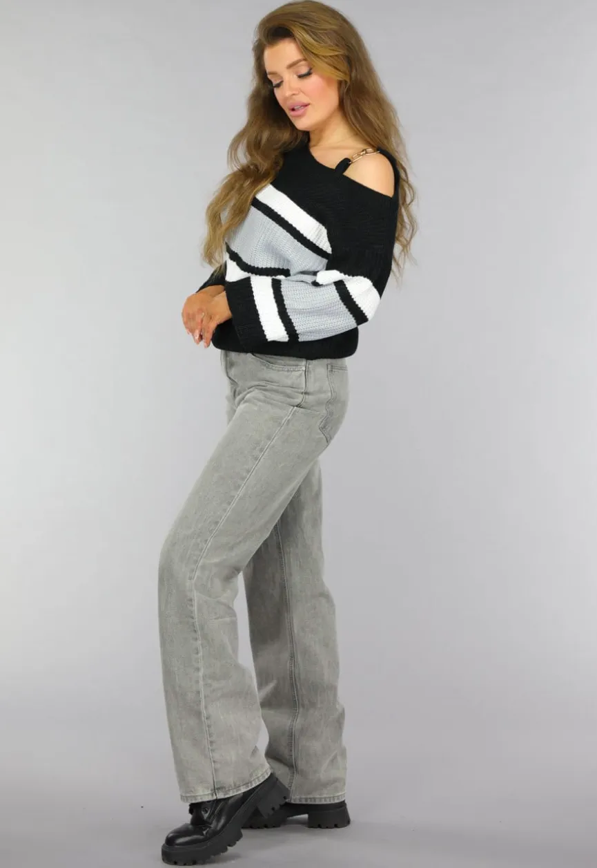 Gebreide Gestreepte One Shoulder Trui