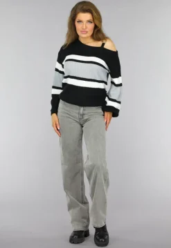 Gebreide Gestreepte One Shoulder Trui