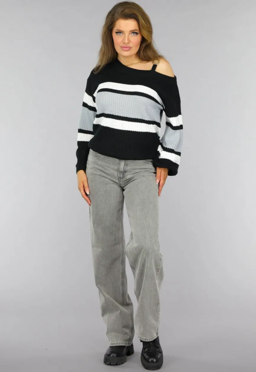 Gebreide Gestreepte One Shoulder Trui
