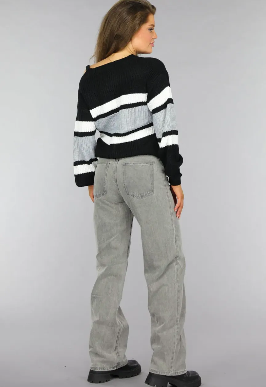 Gebreide Gestreepte One Shoulder Trui