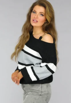 Gebreide Gestreepte One Shoulder Trui