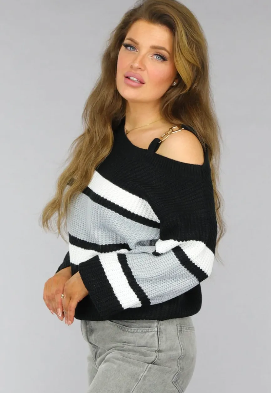 Gebreide Gestreepte One Shoulder Trui