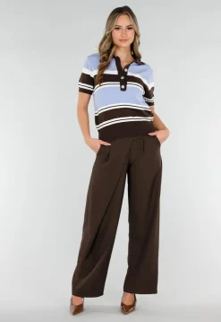 Gebreide Polo Top in Blauw en Bruin met Stretch