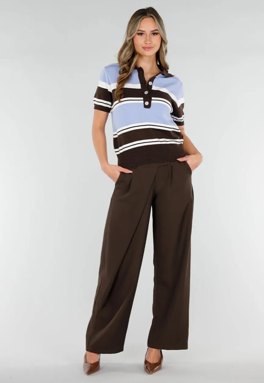 Gebreide Polo Top in Blauw en Bruin met Stretch
