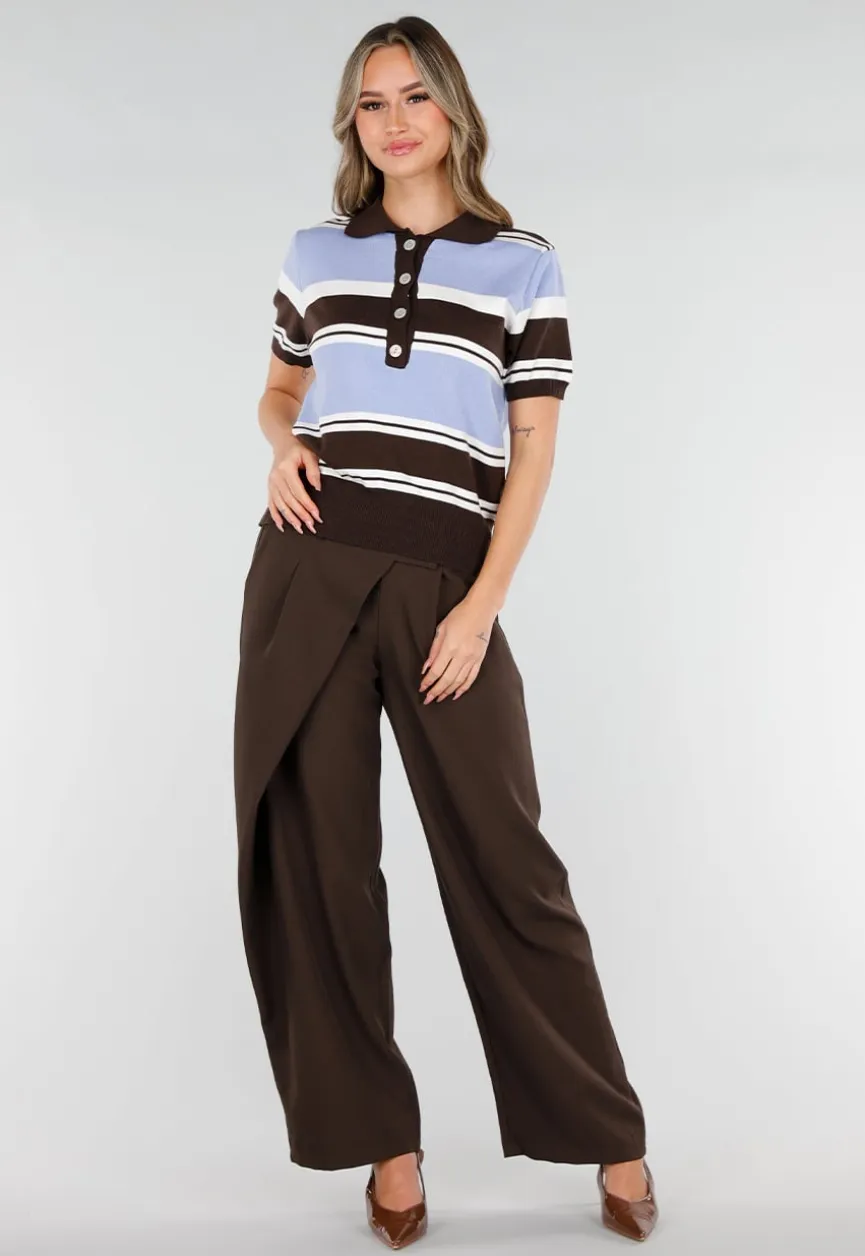 Gebreide Polo Top in Blauw en Bruin met Stretch