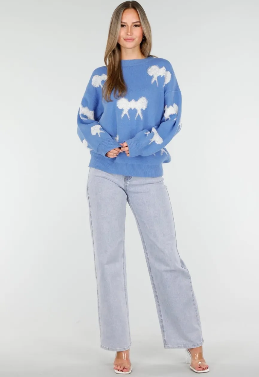 Gebreide Sweater in Blauw met Strikdetails