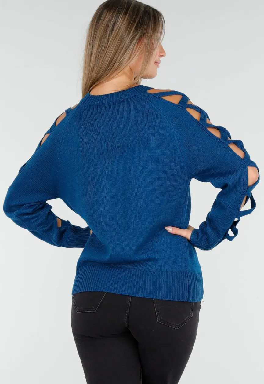 Gebreide Trui met Gevlochten Details in Blauw