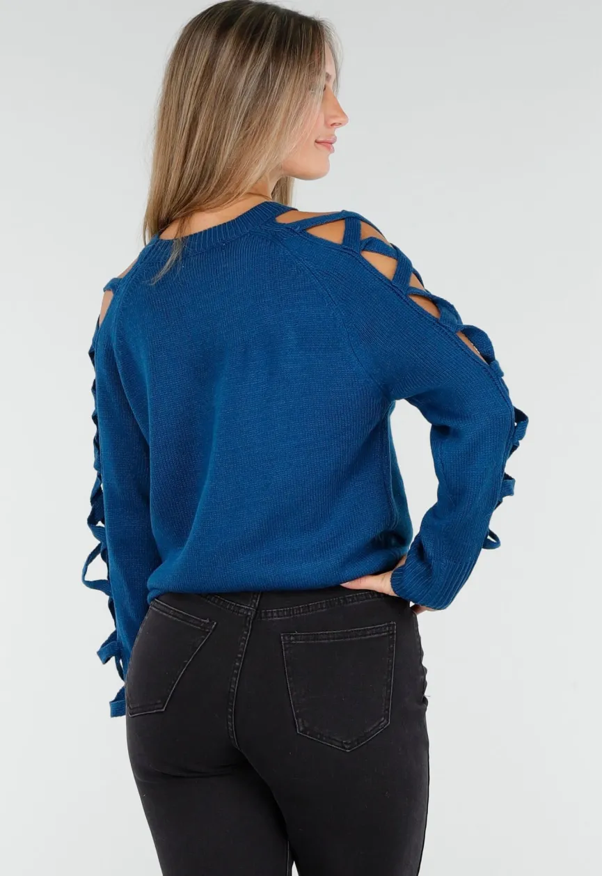 Gebreide Trui met Gevlochten Details in Blauw