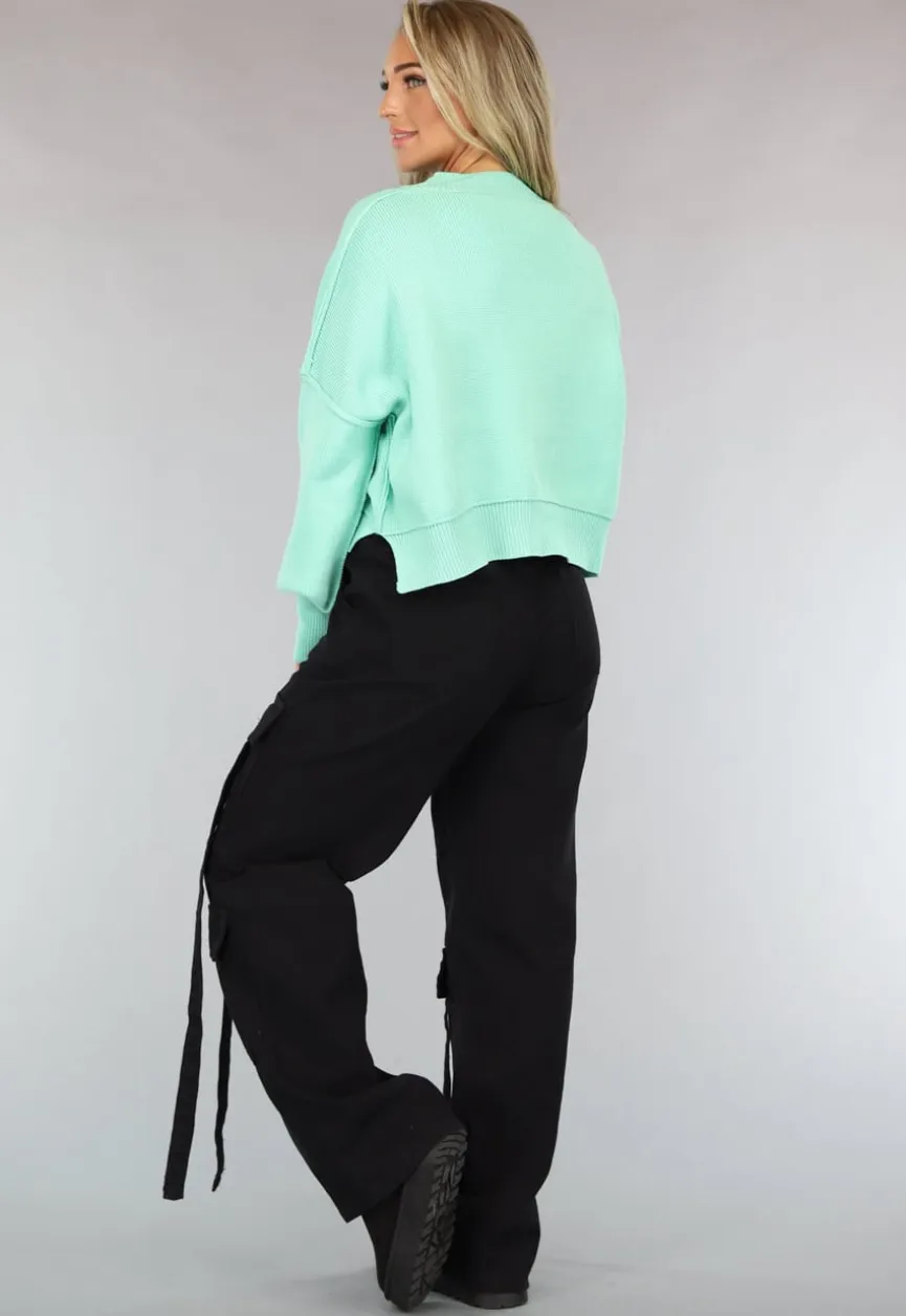 Gebreide Trui met Zichtbare Naden in Turquoise