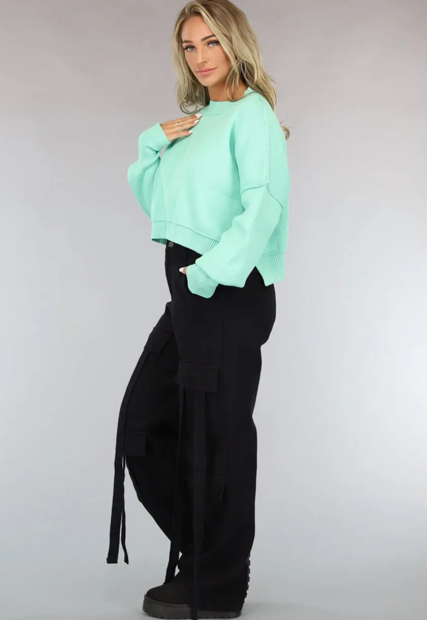 Gebreide Trui met Zichtbare Naden in Turquoise