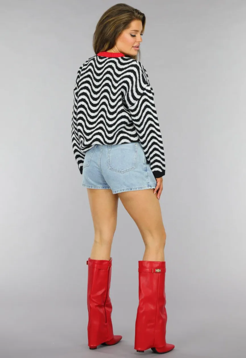 Gebreide Wavy Trui met Rood Detail