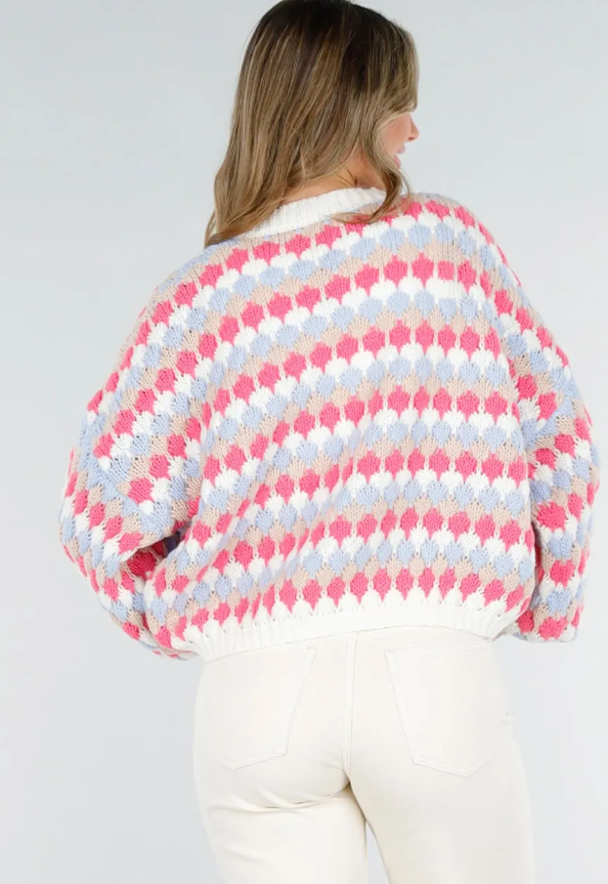 Gebreid Vest met Roze en Blauwe Ruitprint