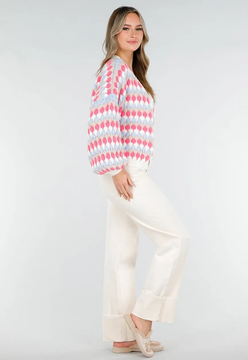 Gebreid Vest met Roze en Blauwe Ruitprint