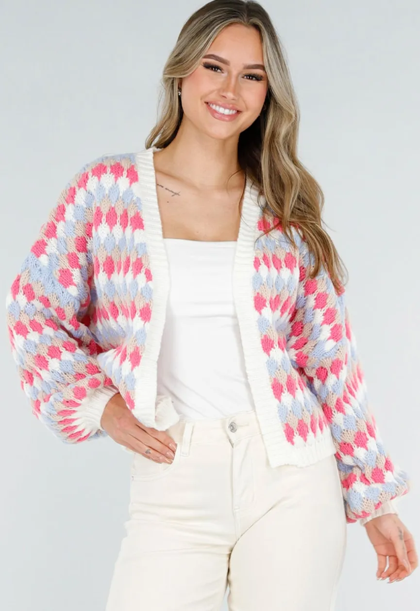Gebreid Vest met Roze en Blauwe Ruitprint