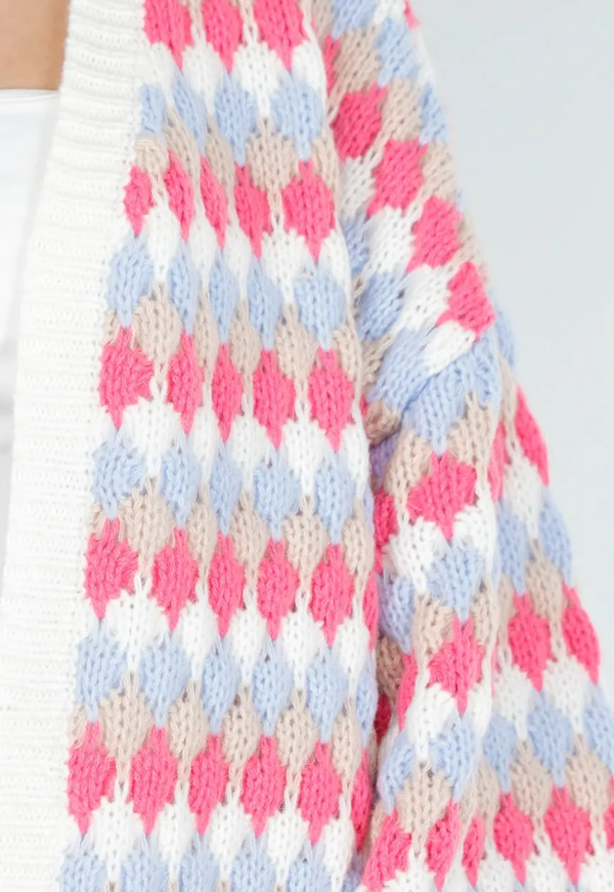 Gebreid Vest met Roze en Blauwe Ruitprint