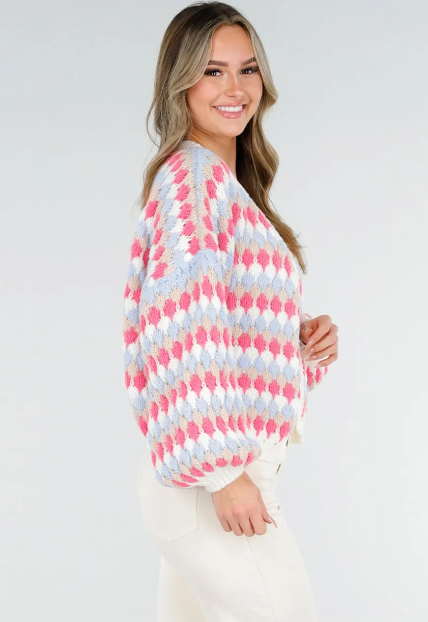 Gebreid Vest met Roze en Blauwe Ruitprint