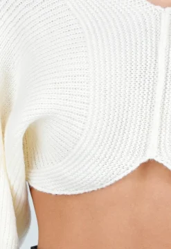 Gebroken Witte Cropped Trui met Ballonmouwen en V-Hals