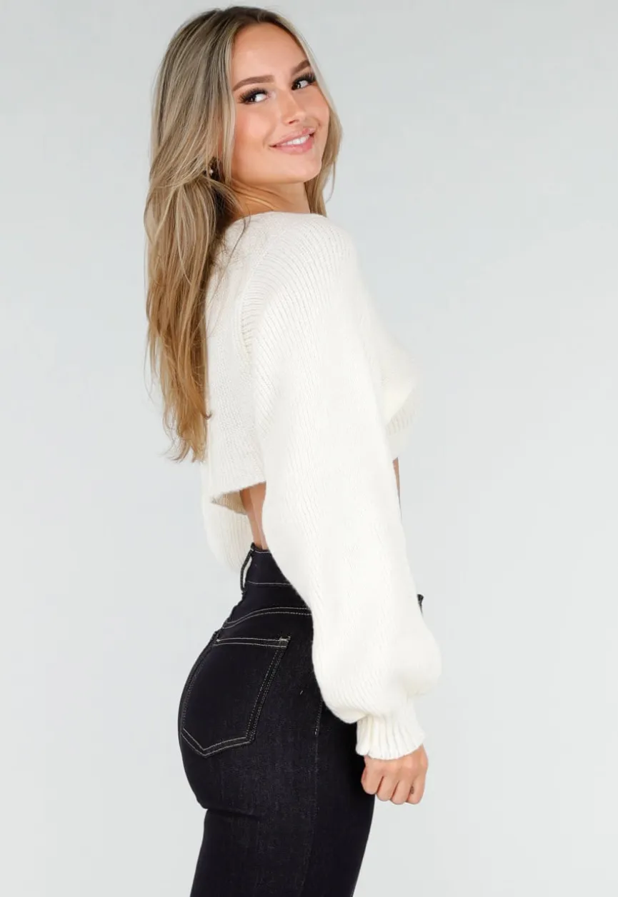 Gebroken Witte Cropped Trui met Ballonmouwen en V-Hals