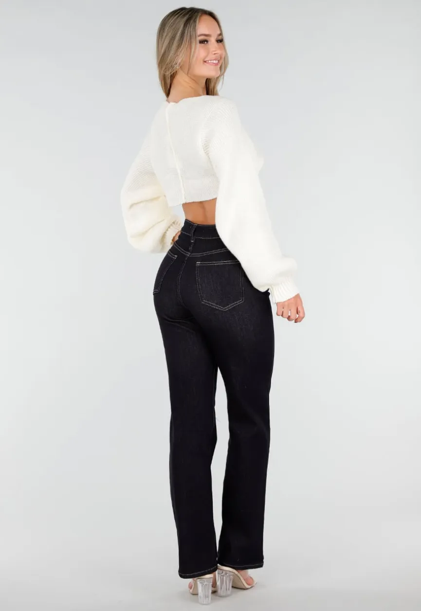 Gebroken Witte Cropped Trui met Ballonmouwen en V-Hals