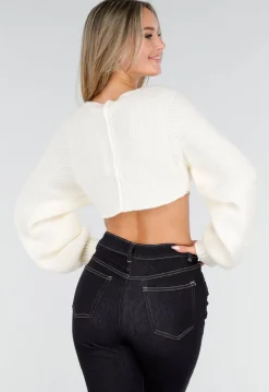 Gebroken Witte Cropped Trui met Ballonmouwen en V-Hals