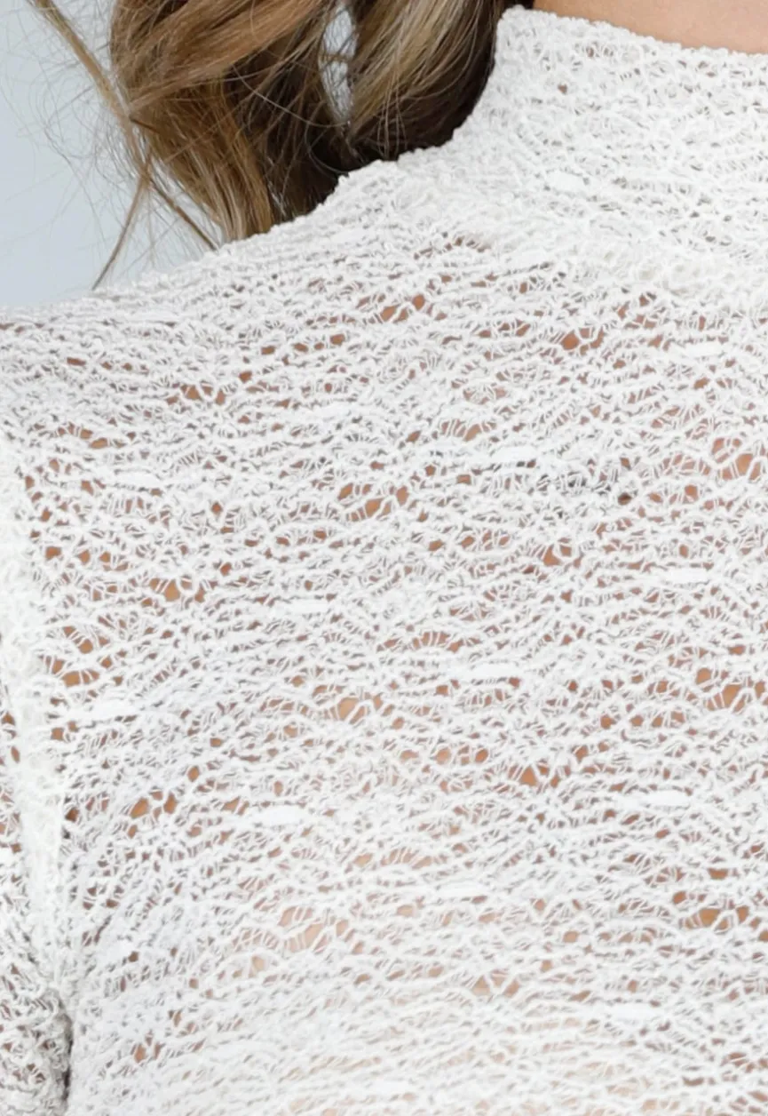 Gebroken Witte Gehaakte Stretch Top met Col en Korte Mouwen