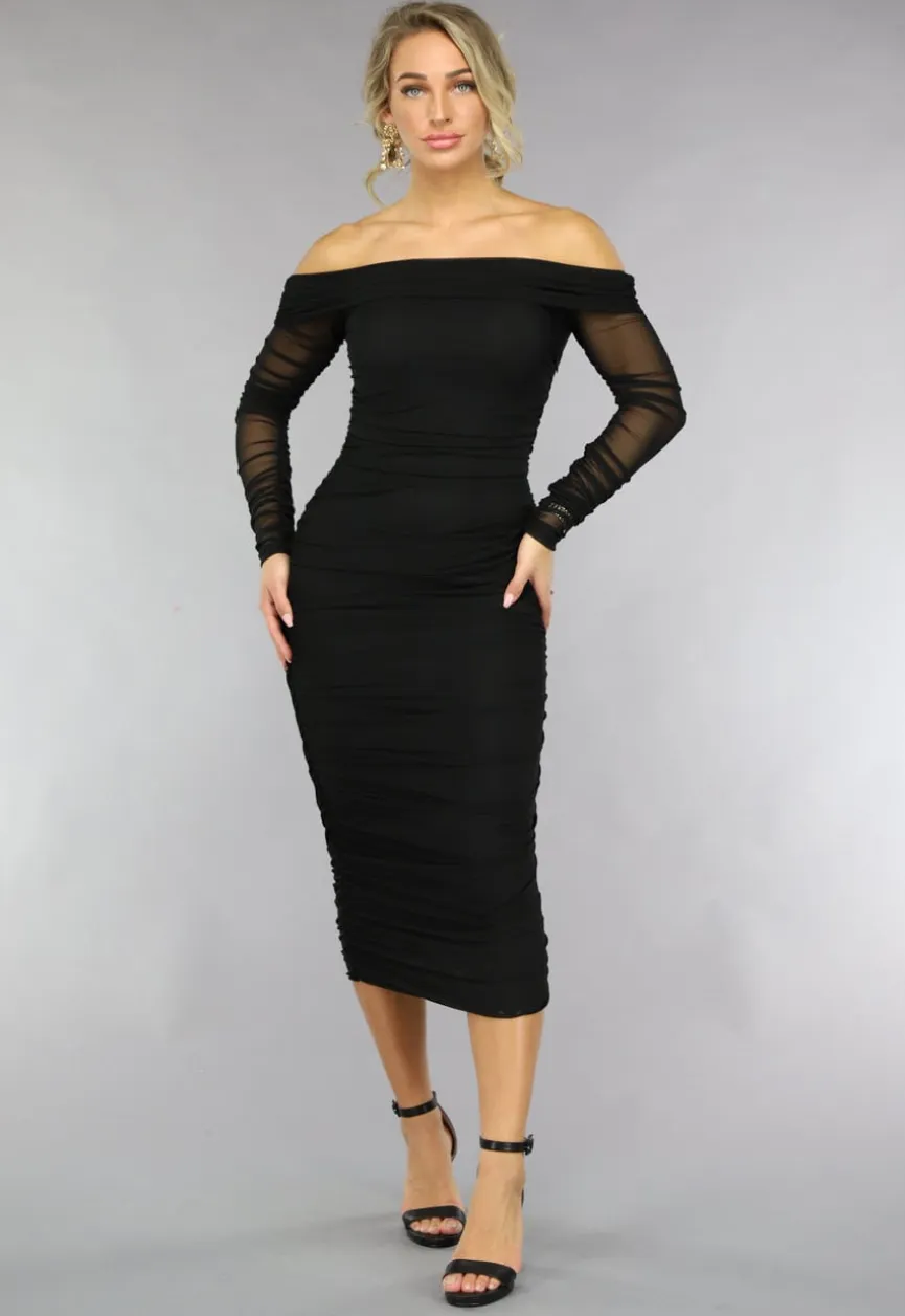 Gedrapeerde Zwarte Bodycon Off Shoulder Mesh Jurk