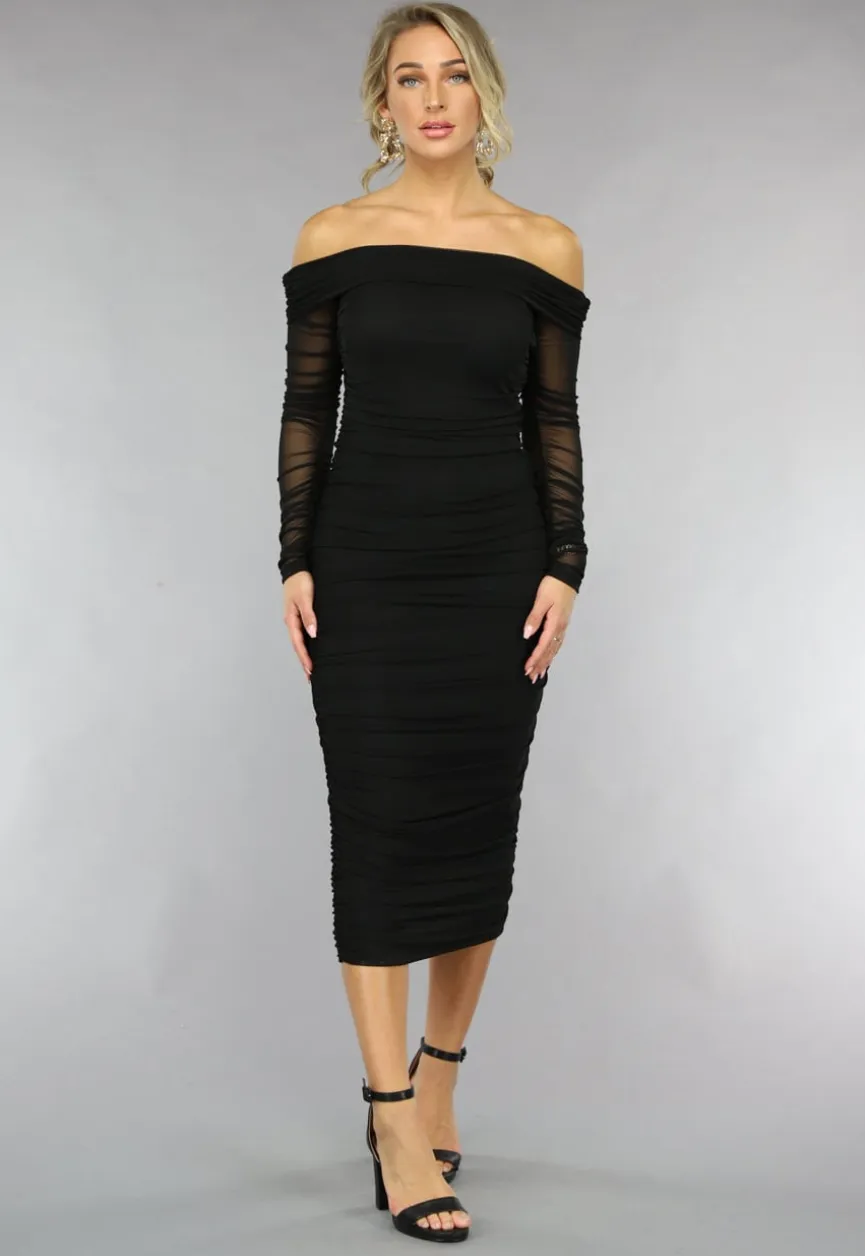 Gedrapeerde Zwarte Bodycon Off Shoulder Mesh Jurk